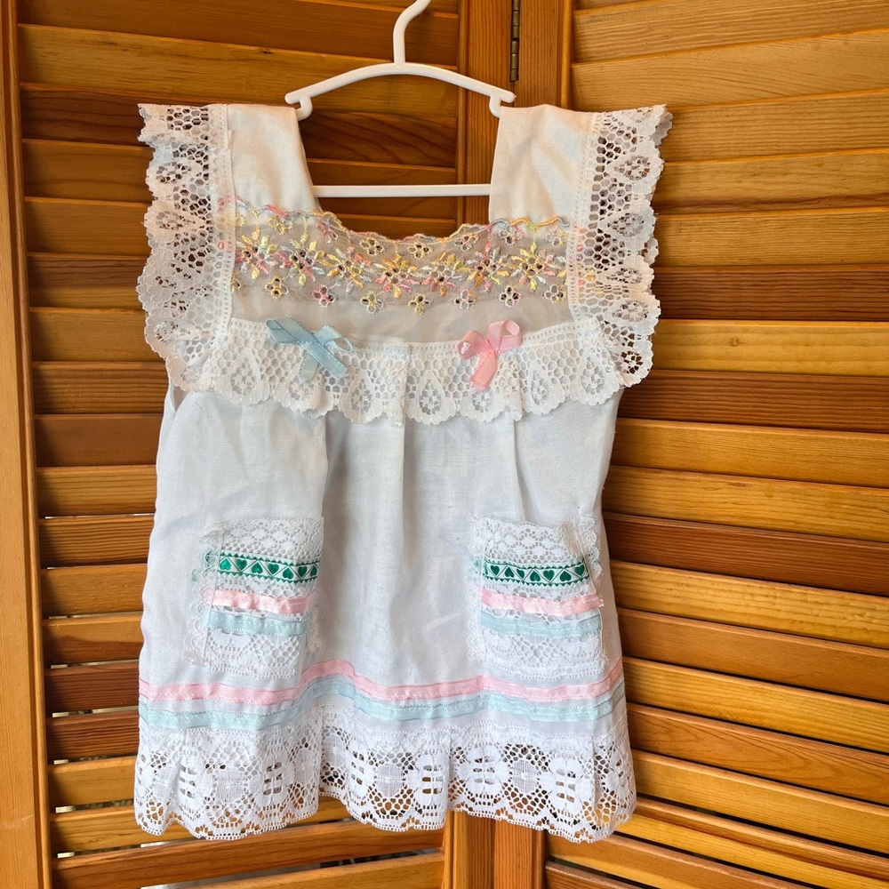 White Embroidered Lace Baby Dress with Pastel Trim